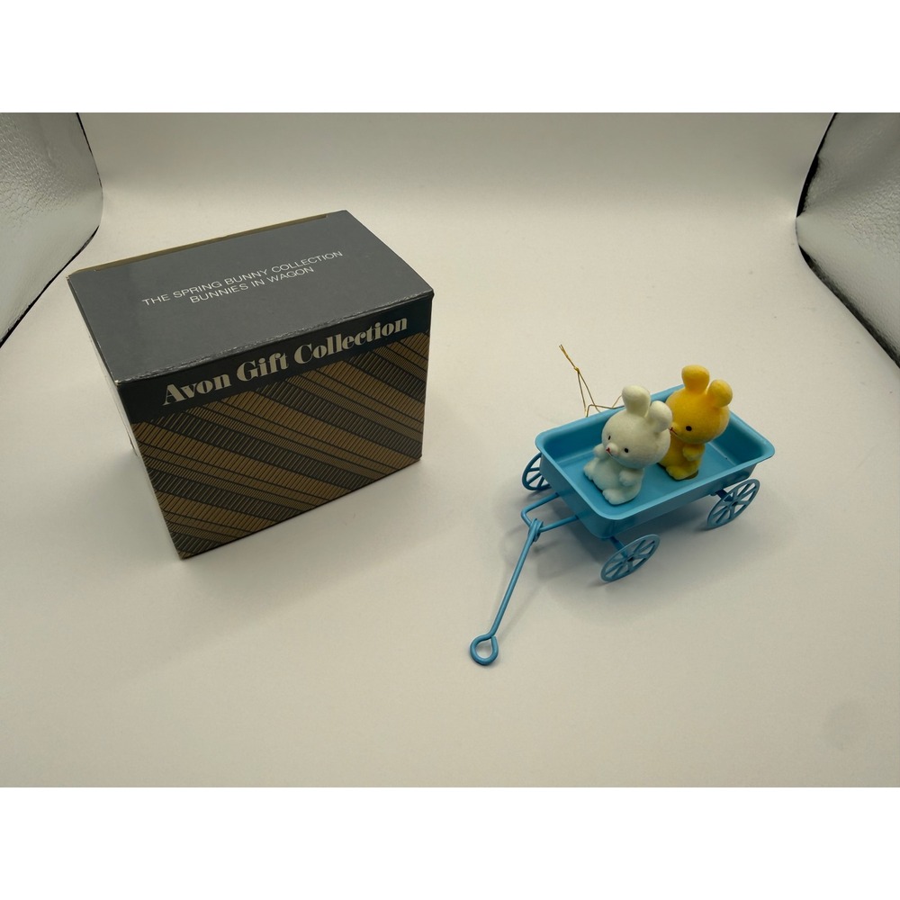 Vintage Avon Spring Bunny Collection Bunnies‎ in Blue Metal Wagon with Box Decor